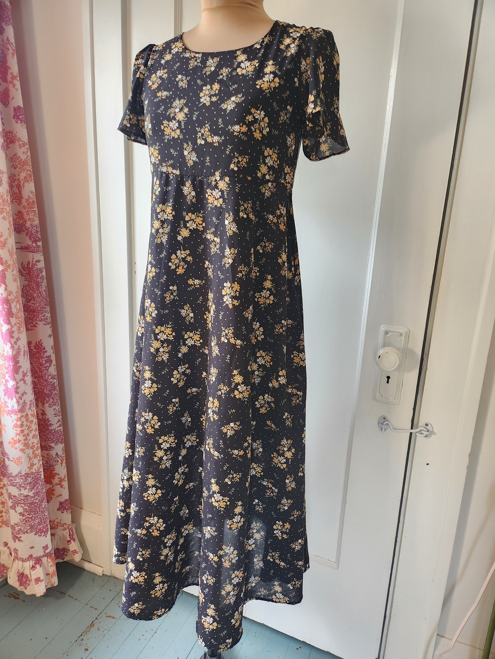 Vtg 90s Empire Waist Black Floral Midi Dress Short Sleeves